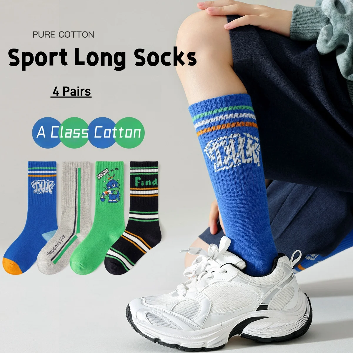 4 Pairs Kids Boys' Sport Socks Cotton Contrast Color Long Socks 3-12T Children's Sporting  Skating Athletic Socks