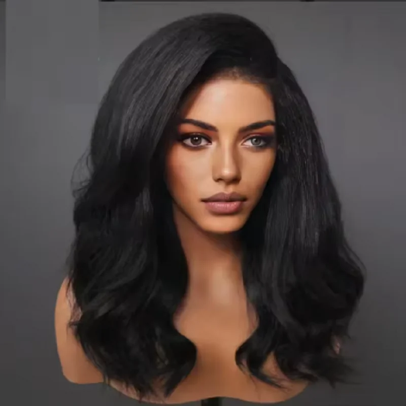 

Yaki Long 26Inch Kinky Wave Natural Black 13x4Lace Front Wig Soft For Black Women Synthetic Preplucked Glueless Baby Hair Daily