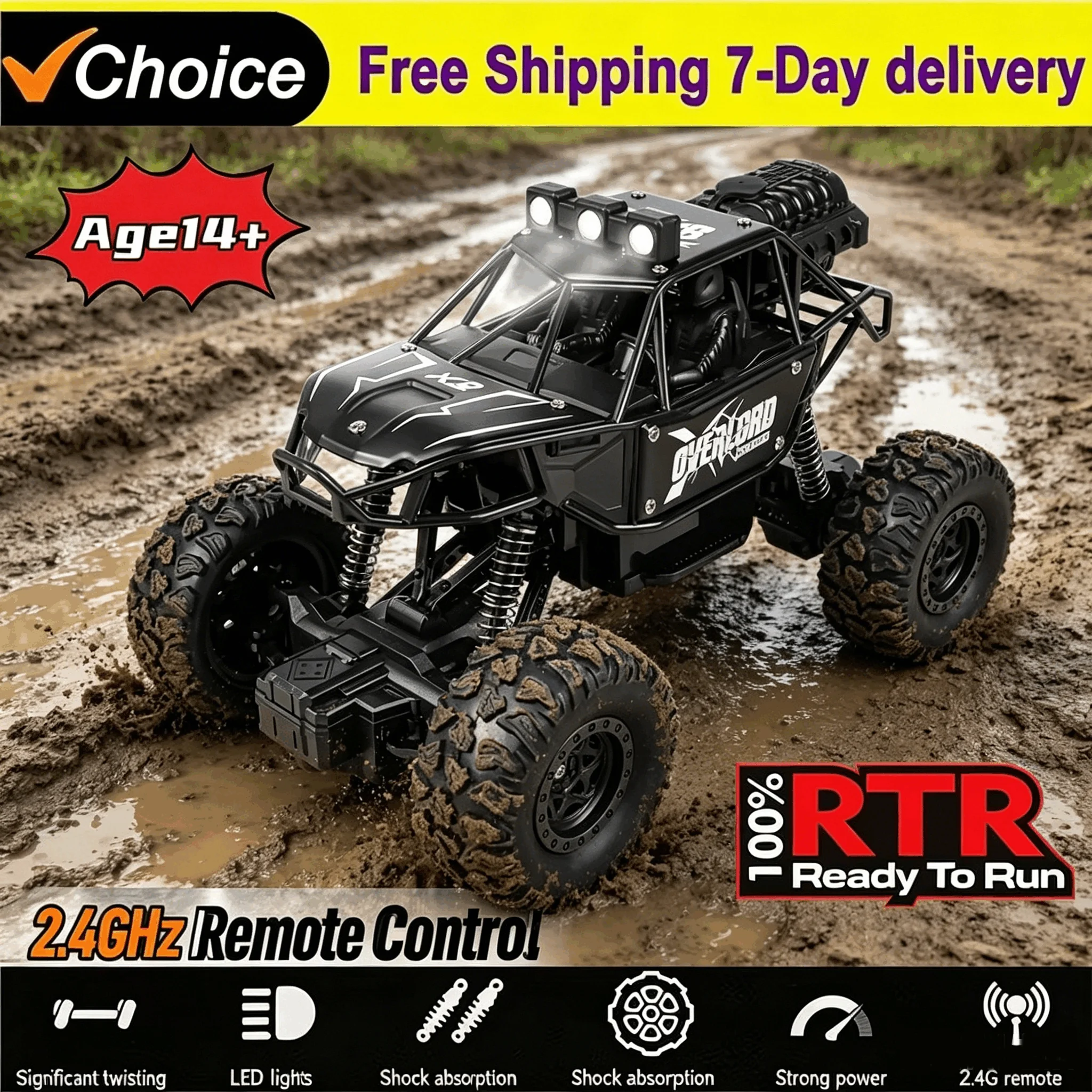NEW 1:16 Scale Remote Control Monster Truck High Speeds 20KMH Off-Road RC Car with LED Lights for Adults Kids Durable Gift Ready