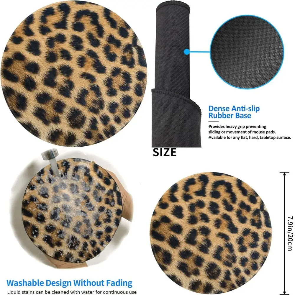

Leopard Print Gaming Mouse Pad - 8 Round with Stitched Edge and Anti-Slip Rubber Base