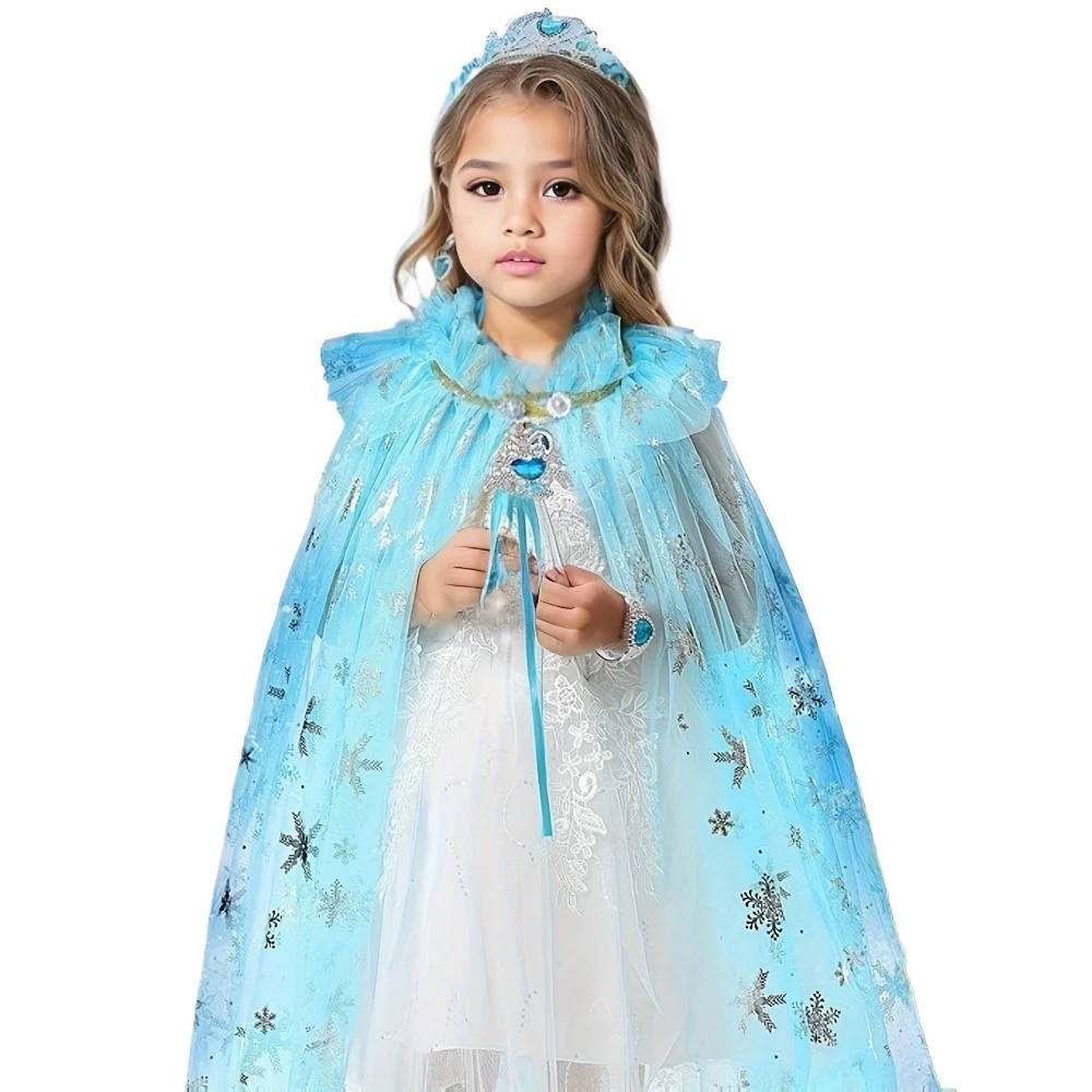 ゴージャスな雪の結晶プリンセスケープセット-手洗い可能、シースルーデザイン-女の子のパーティー、パフォーマンス、ハロウィンコスチュームに最適