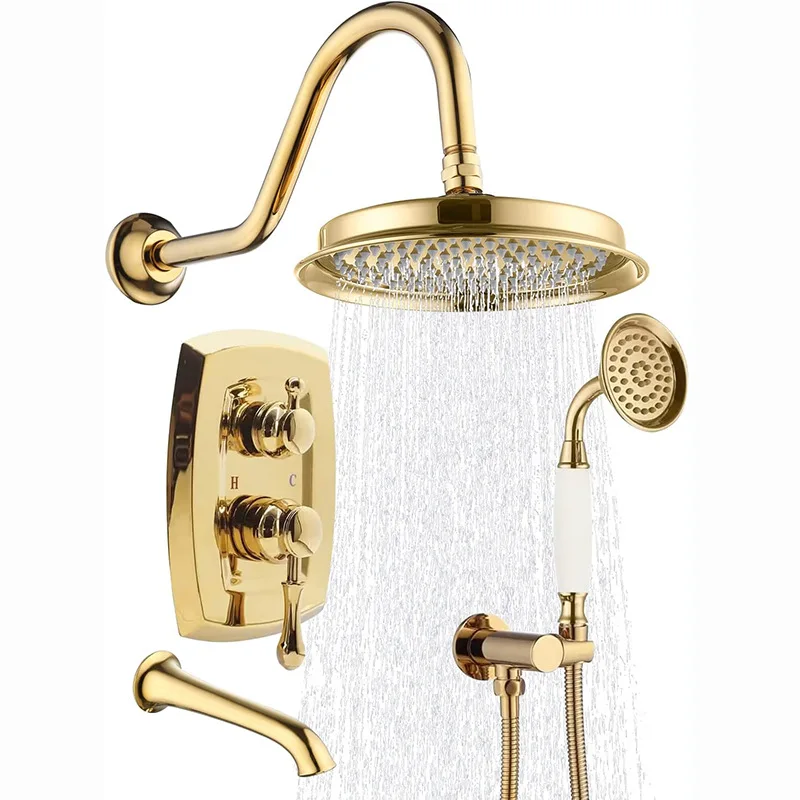 

European Style Gold Brass Concealed Wall Mounted Bathroom Shower Faucet Kit Bath Tap With Hand Shower 9" Rain Shower Faucet Set