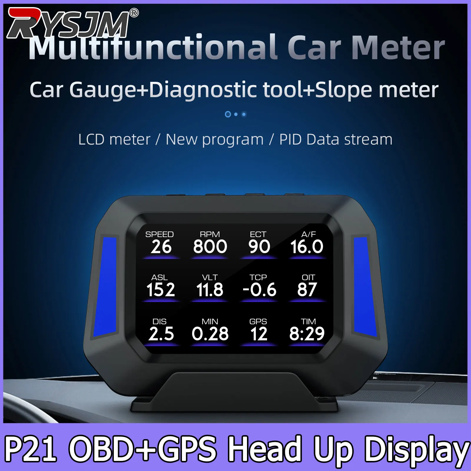 Car HUD P21 OBD Head Up Display Speedometer On Board Computer Digital Clock Slope Meter Diagnostic Tools Instrument Tester Meter