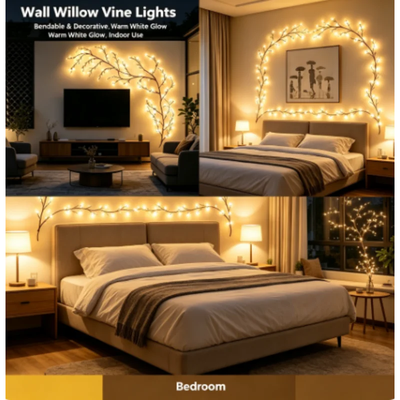 Branch Lights 144 LED USB Powered Bendable Indoor 8 Modes Vine Willow String Decorative for Party Living Room Decor Gift