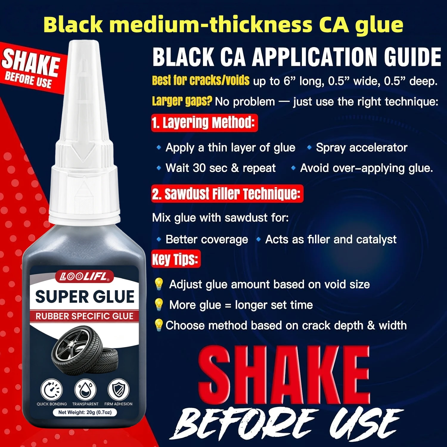 20g black super glue, fast-drying cyanoacrylate adhesive, suitable for plastic, wood, metal, tires, rubber, footwear, liquid high-strength repair sealant, 1-9 piece pack view 6
