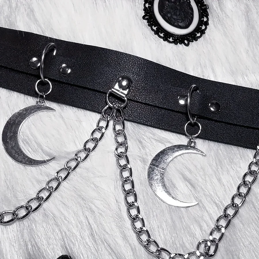 Moon Pendant Chain Fringe Goth Belt Punk Black PU Leather Belts Vintage Waistband For Women Girls_maomaolike.com