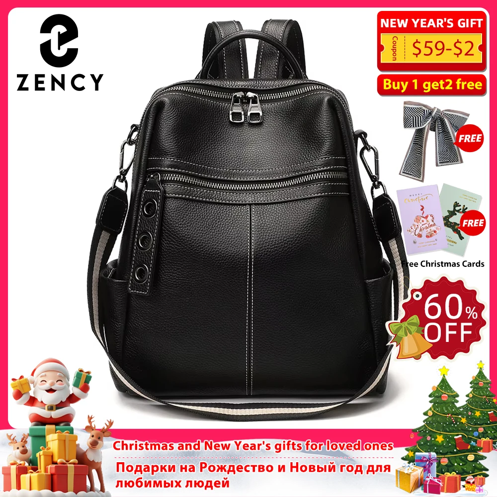 

Zency 100% Genuine Leather Backpack For Women's High Quality Black Shoulder Bag Commuter Travel School Satchel Female Shopper