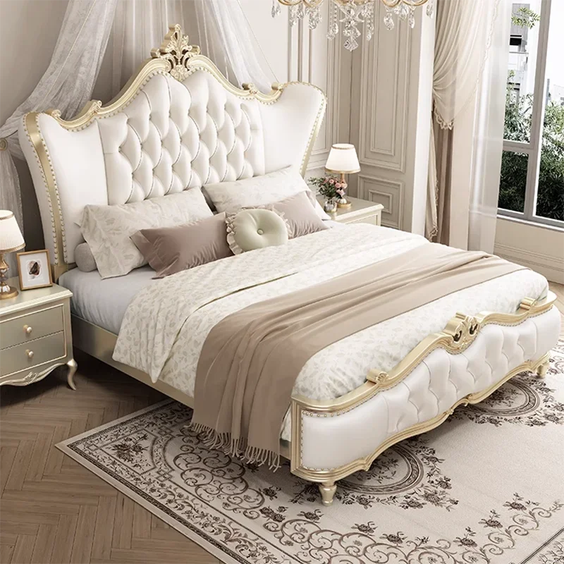 Solid American Double Bed European White Princess Women Double Bed Nightstand Custom Camas Moderrnas Inteligentes Furniture