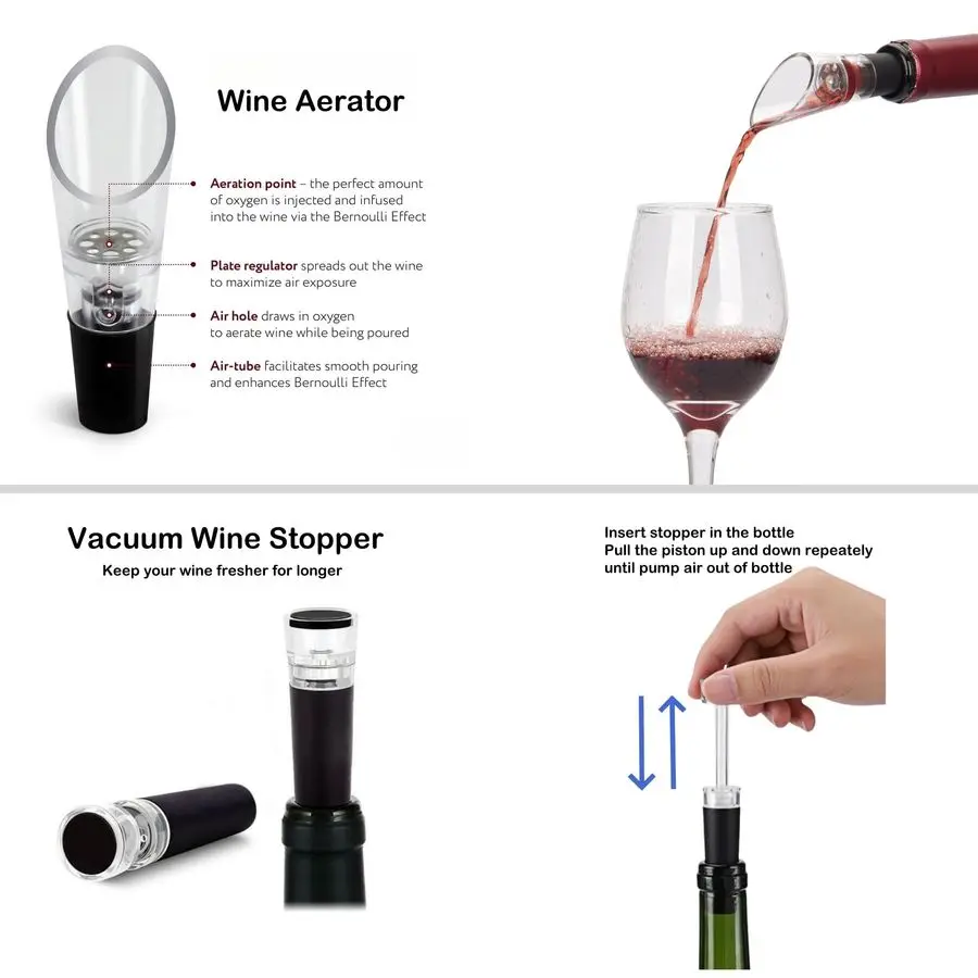 Opener Set With Base, Accessories Including Rechargeable Corkscrew, Aerator, Stoppers and Foil Cutter Perfect Gifts for Wine Lov