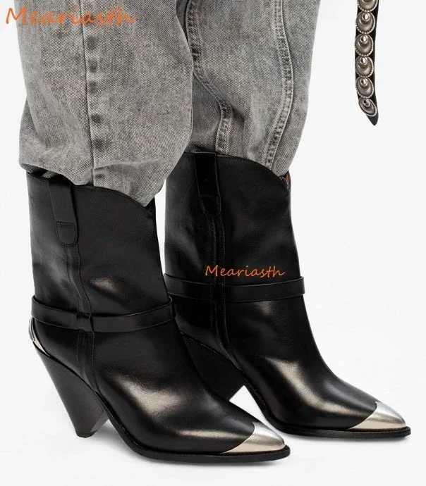 Fashion Spike Heel Ankle Boots Women Real Leather Pointed Toe Slip-on Short Boots Metal Mid Heel West Cowboy rain Boots