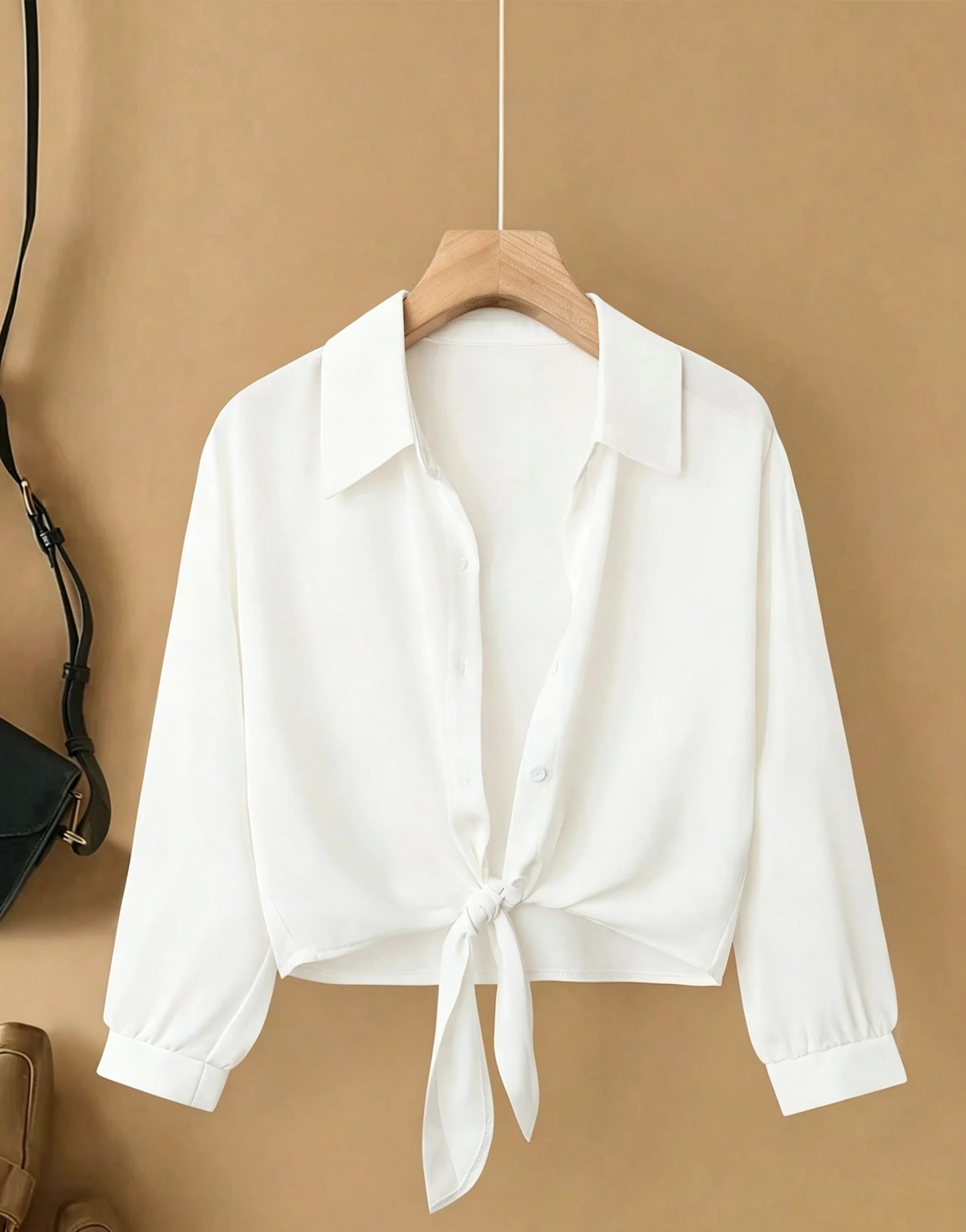 

Women's White Long Sleeve Collar Blouse with Tie Waist, Loose Flowy Draping Office Shirt