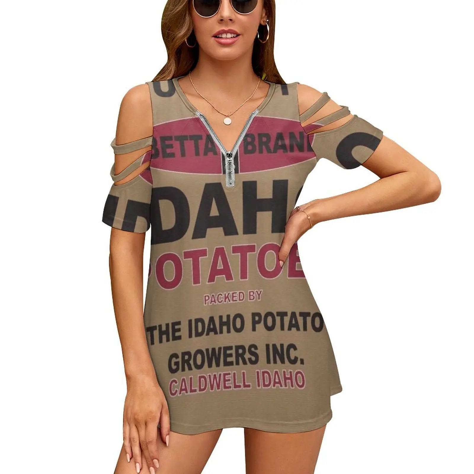 

Look Good In A Potato Sack  Women's T-Shirt New Fashion Printed Zipper V-Neck Short Sleeve T Shirts Casual Plus Size Potato