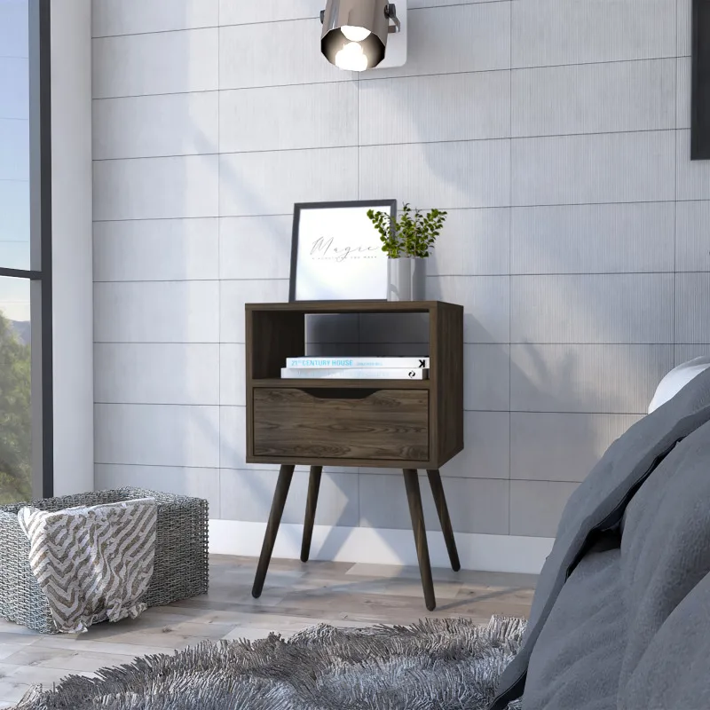 

Otom Nightstand , Superior Top, One Open Shelf, One Drawer, Four Legs -Dark Walnut