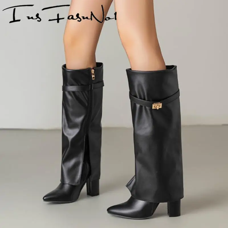 

Fashion High Heel Pointed Toe Women Knight Boots Large Size All Match Casual Long Boots Female Metal Decoration Knee High Shoes