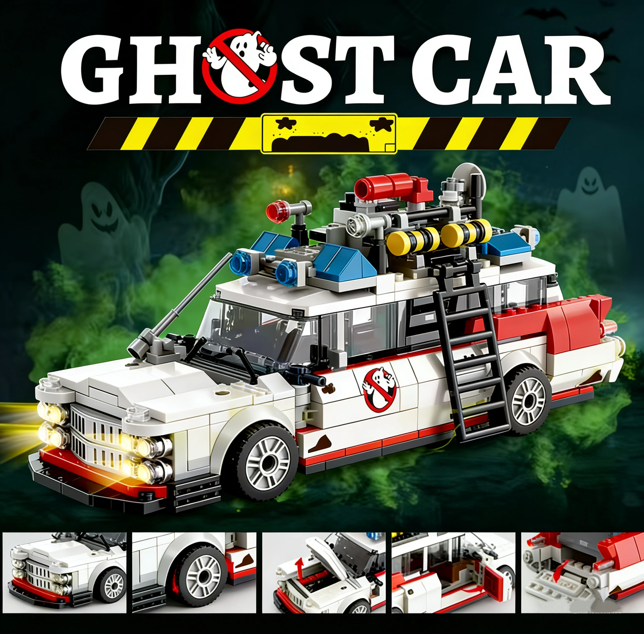 Mini Geister-Rennwagen Bausteine 562 Teile MOC Modellauto-Bausteine DIY Montage-Spielzeug für Erwachsene Halloween Weihnachten Geburtstagsgeschenk