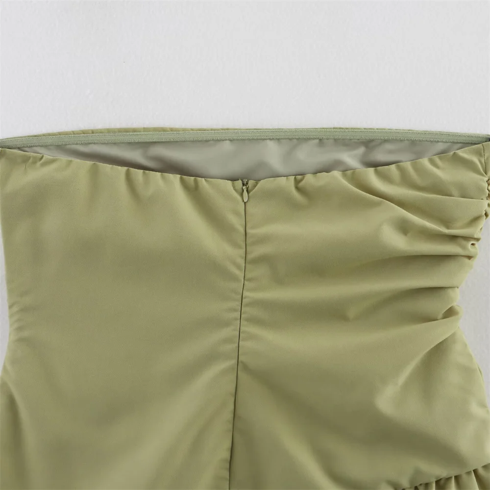 Nueva ropa de mujer estilo europeo y americano vestido sin tirantes de flores tridimensionales verdes simples a la moda