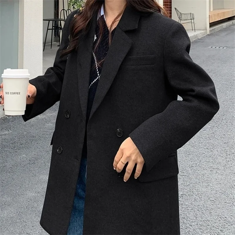 Double-breasted Suit Woolen Coat Women Winter 2026 New Korean Wool Jacket High-quality Outwear Temperament Lapel Overwear Female