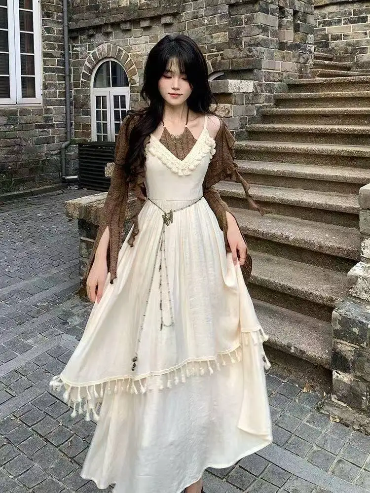 

New Aesthetics Chinese Style Elegant Suit Woman Korean Fashion Set Casual Crop Tops + Irregular Sleeveless Tassels Dress Chic