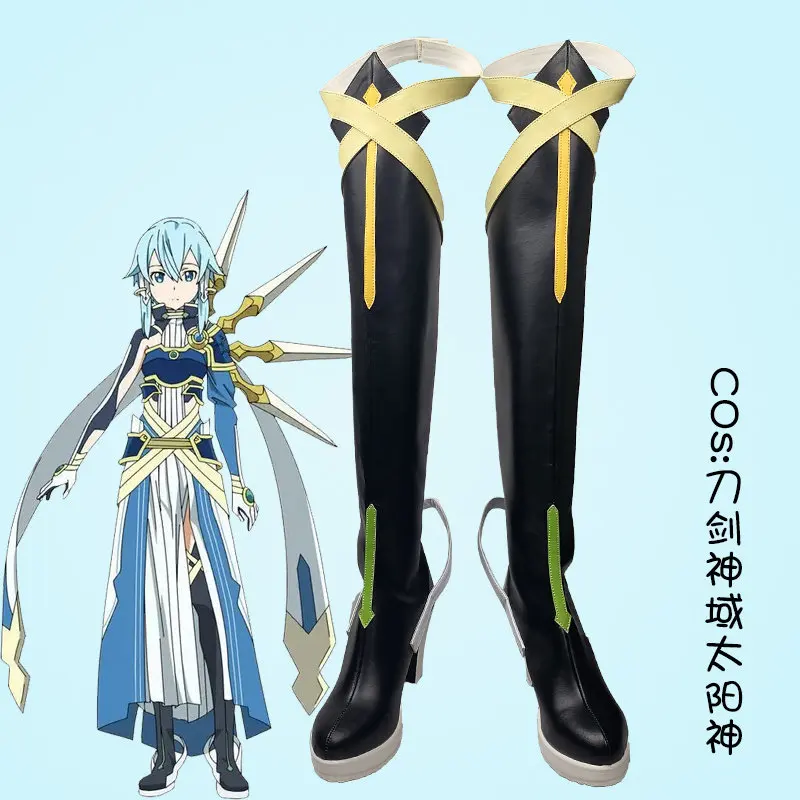 Anime Sword Art Online Asada Shino Cosplay Shoes Black High Heels Long PU Leather Boots For Halloween Carnival