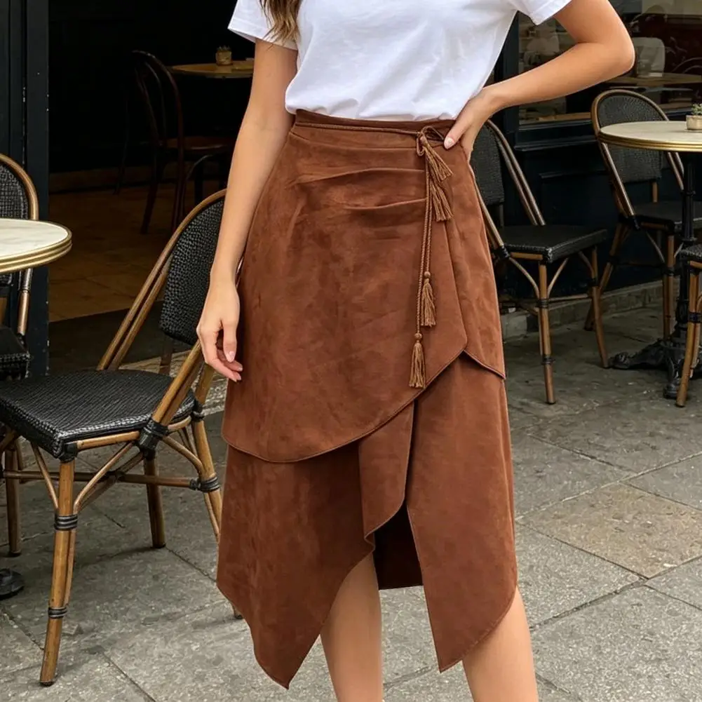 Autumn Winter Suede Skirt, High Waist Irregular Large Hem Skirt, Pure Color Slimming Skirt for Beach Travel Parties Work Wear