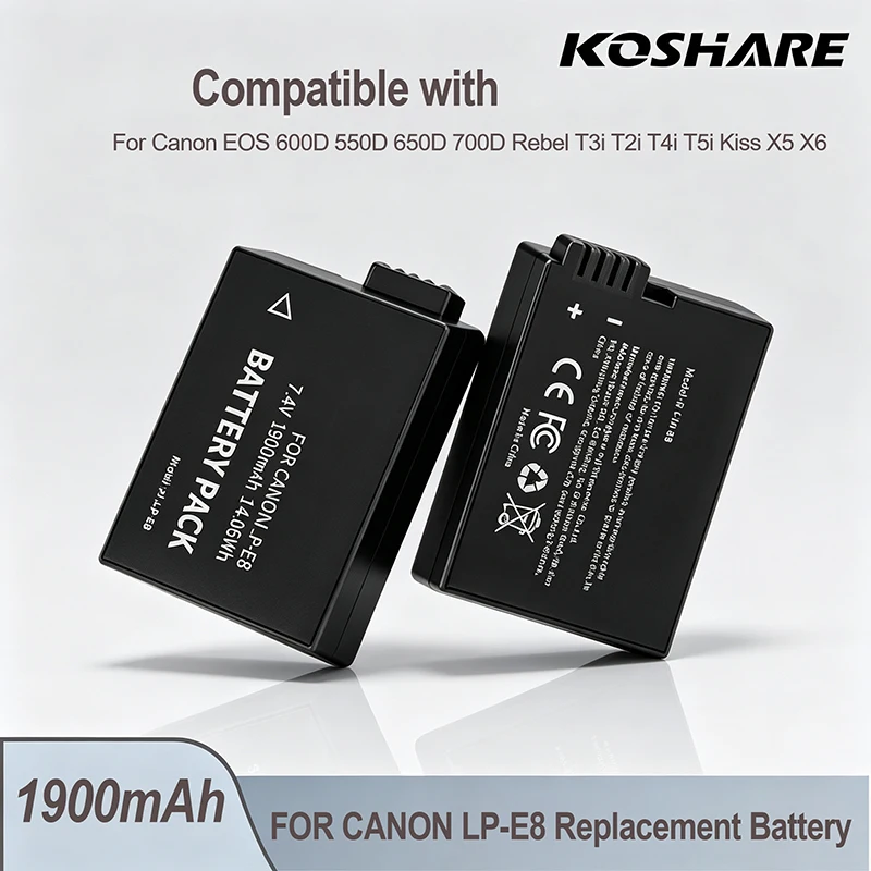 KOSHARE LP-E8 7.4V Li-ion Rehcargeable Battery 1900mAh For Canon EOS 60OD 550D 650D 70OD Rebel T3i T2i T4i T5iKiss X5 X6 LPE8