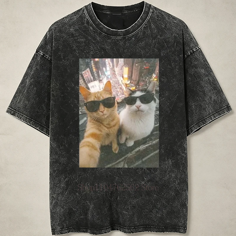 Retro Coole Katzenmuster-Print Gewaschene T-Shirts für Männer und Frauen Sommer Casual Mode Streetwear Y2K Hip Hop O-Ausschnitt Kurzarm-Shirts – Detail 4