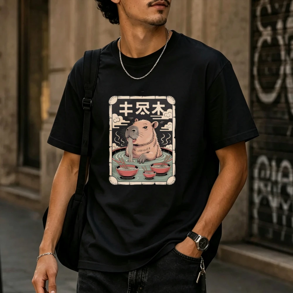 Funny Japanese Art Sweatshirt Capybara Eating Noodles Framed Illustration Black Crew Neck Short Sleeves Relaxed Fit Cute Rodent