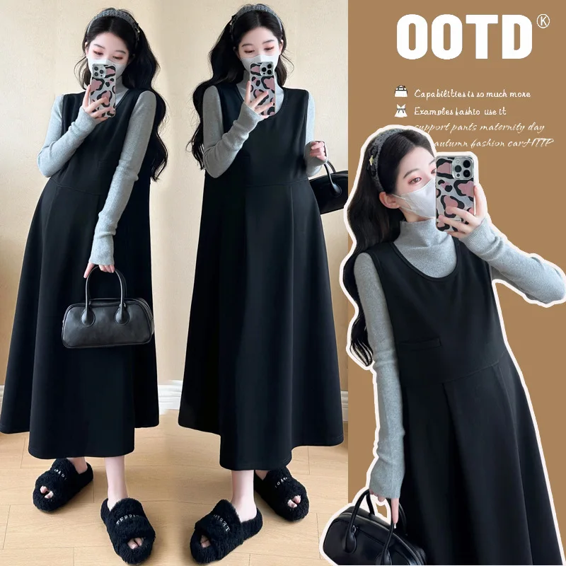 

Korean Style Maternity Dress Autumn Premium Knit Top with Pleated Vest Dress Long Two Piece Slim Fit Outfit for Pregnant Women