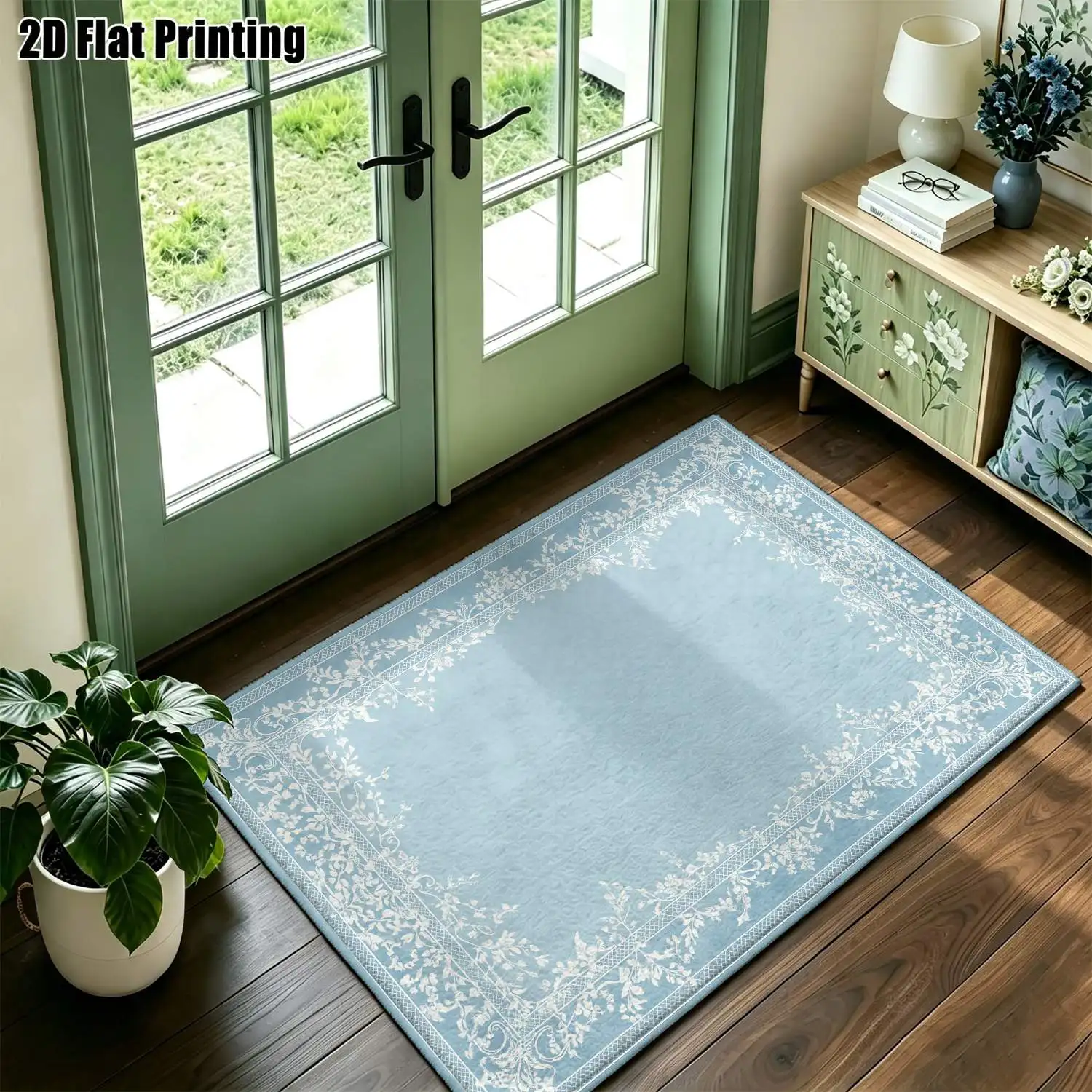 1Pc 2D Printed Light Blue-White Floral Border Carpet European/Modern Minimalist/Instagram Style, Home Decor, Multi-Size, Machine Washable, Suitable for Entrance, Dining, Foyer, Bedroom, Study, Living Room.
