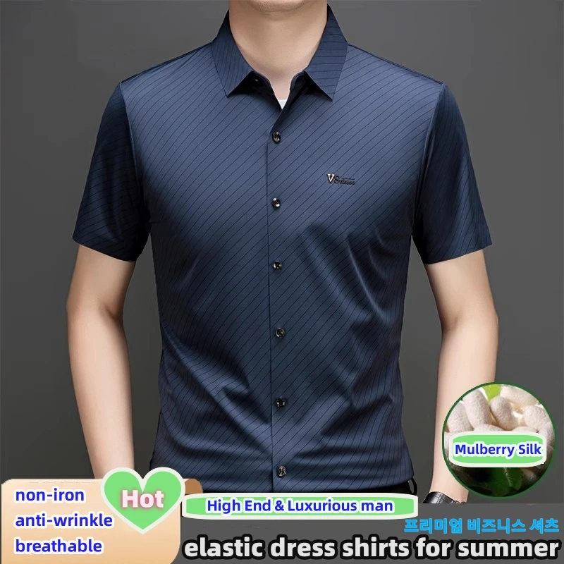 High End Mulberry Silk Shirts for Man Seamless Non-iron Anti-wrinkle Diagonal Stripe Tops Luxurious White Shirt Quality Clothing