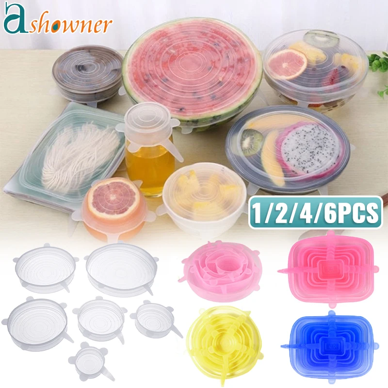 1/2/6Pcs Silicone Food Cover Stretch Lid Reusable Airtight Food Cap Bowl Plate Lid Meal Fruit Dustproof Cover Fresh Keeping Wrap