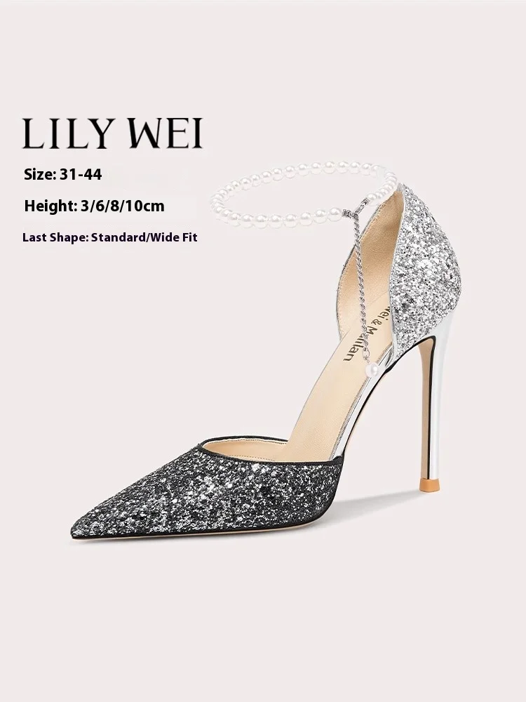 

Spring and summer new sequined pearl rhinestone chain widened sandals thin high-heeled banquet large size small size women shoes