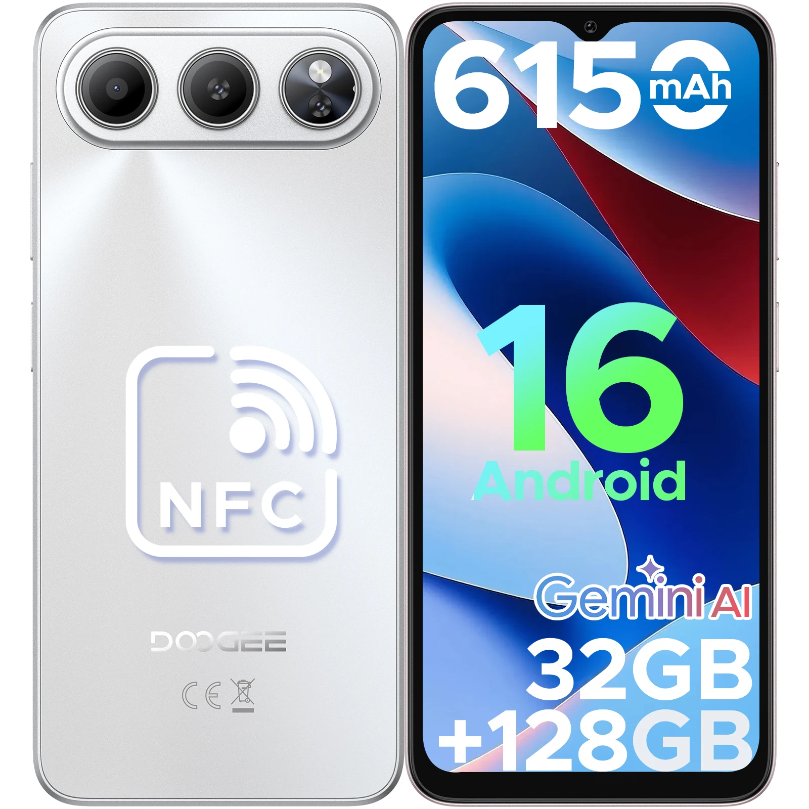 DOOGEE Note 60 Android 16 Smartphone Gemini Ai 6150mAh Batterij 6.56 Inch 32GB RAM(3GB+29) 128GB ROM 13MP Hoofdcamera Ondersteunt NFC Google Pay Mobiele Telefoons