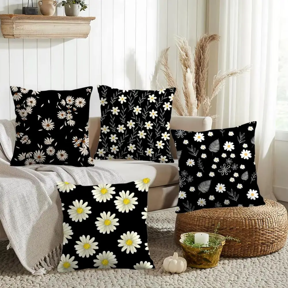 Classic Daisy Flowers Cushion Cover Double-Sided Printed Organic Linen Pillow Cover, Decorative for Sofa Home