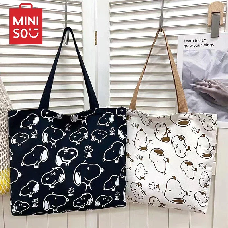 Fashionable New Miniso Snoopy Pattern Large Capacity Canvas Handbag Original Kawaii Shoulder Bag Commuter Bag Schoolbag