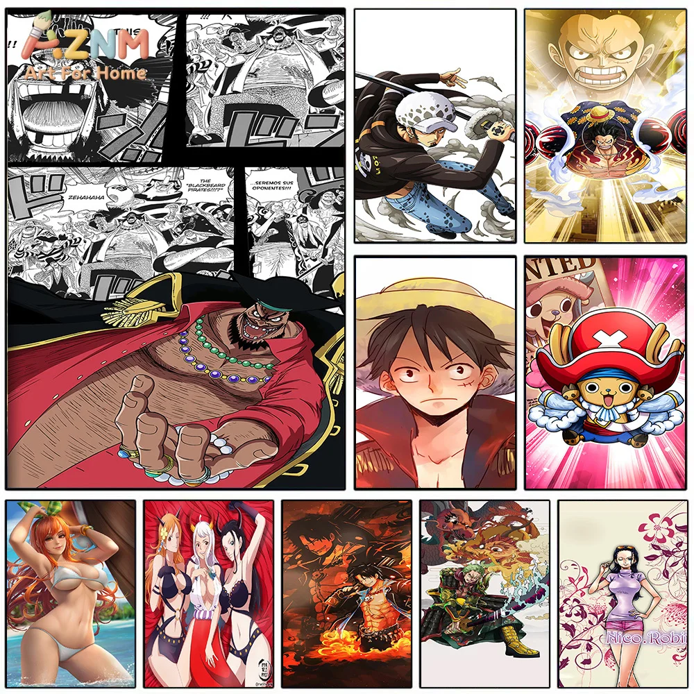AZNM - Lienzo decorativo con personajes de anime de One Piece, Barbanegra, Luffy, Nami, Robin, Law, Chopper, impresión HD, sin marco, decoración del hogar