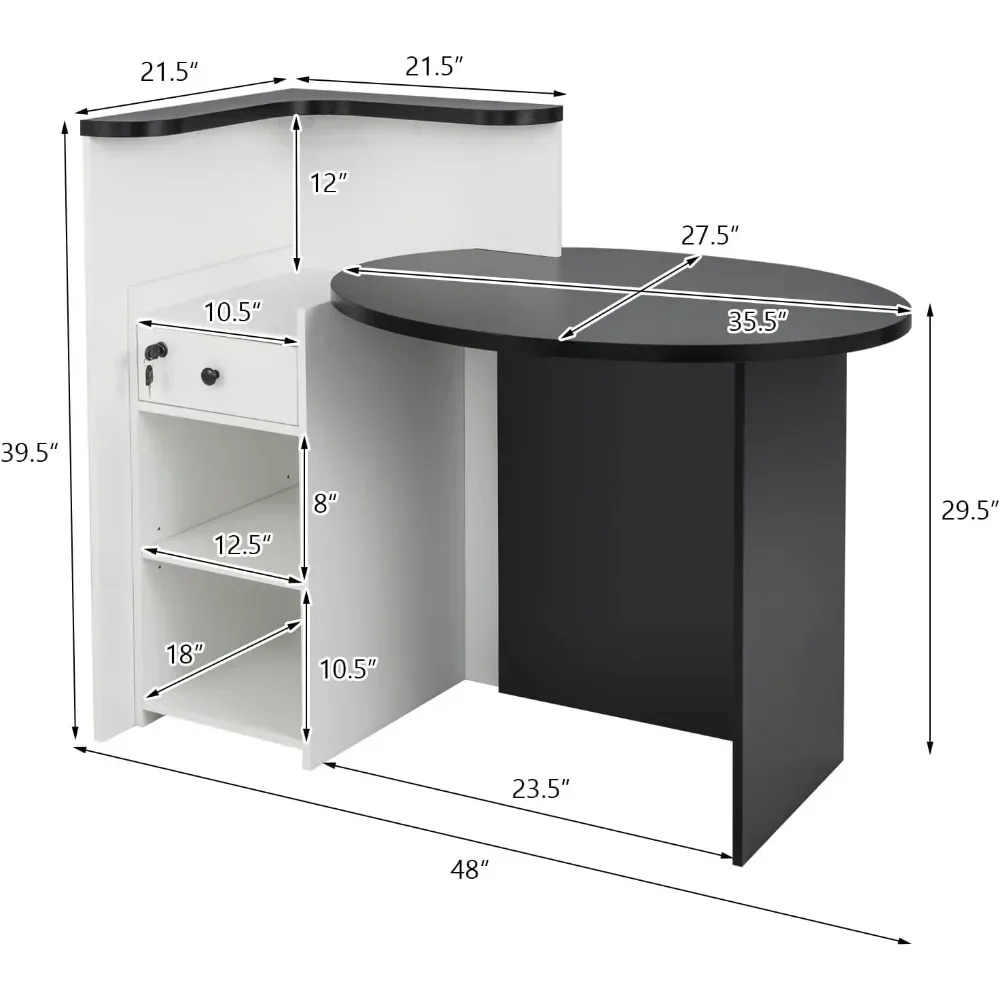 Reception Desk, Front Counter Desk with Lockable Drawer & Adjustable Shelf, Oval Desktop, Retail Counter for Checkout