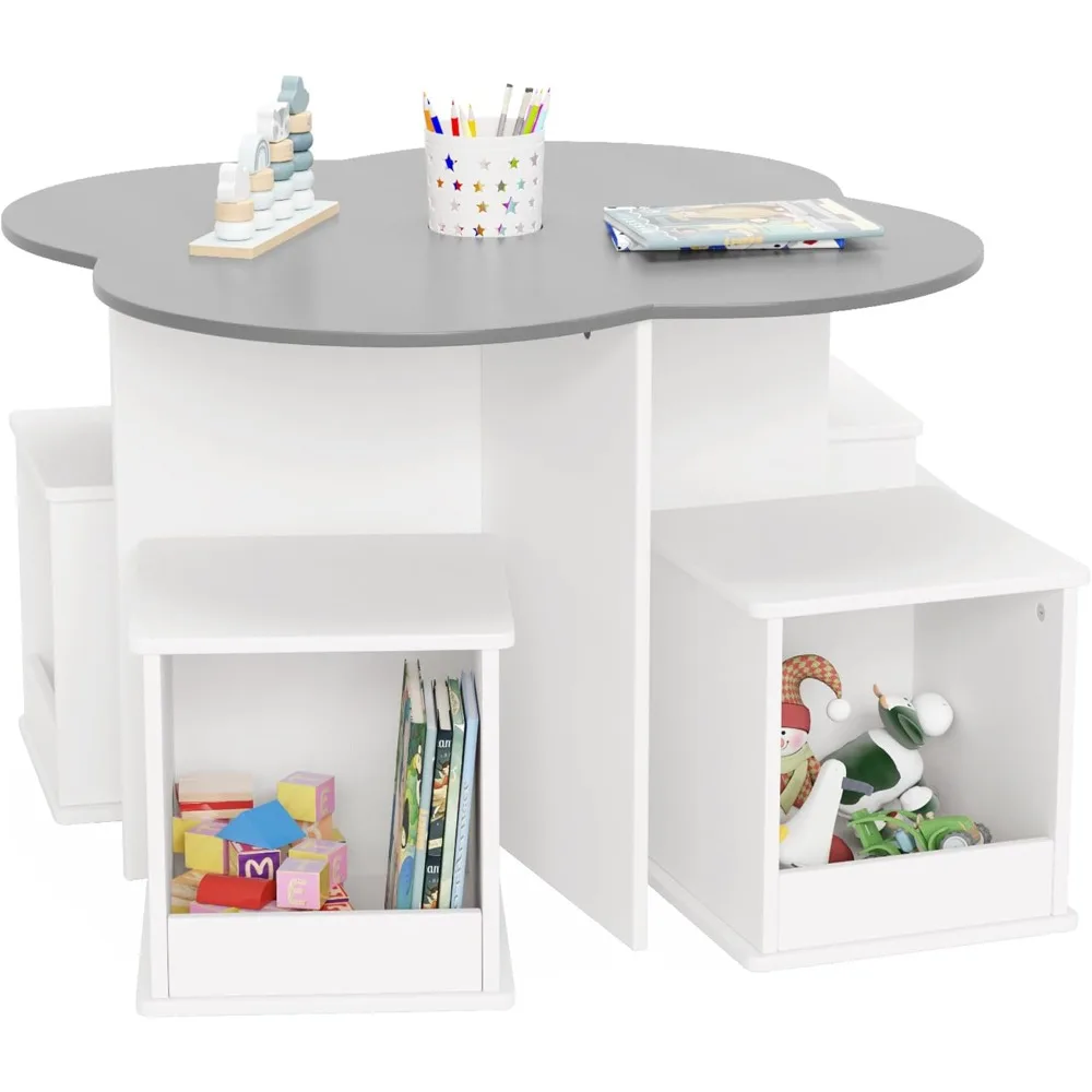 

Toddler Table and Chair Set with 4 Storage Stools, Flower Shaped Nesting Design Table with Built-in Pen Holder, Kids Table for