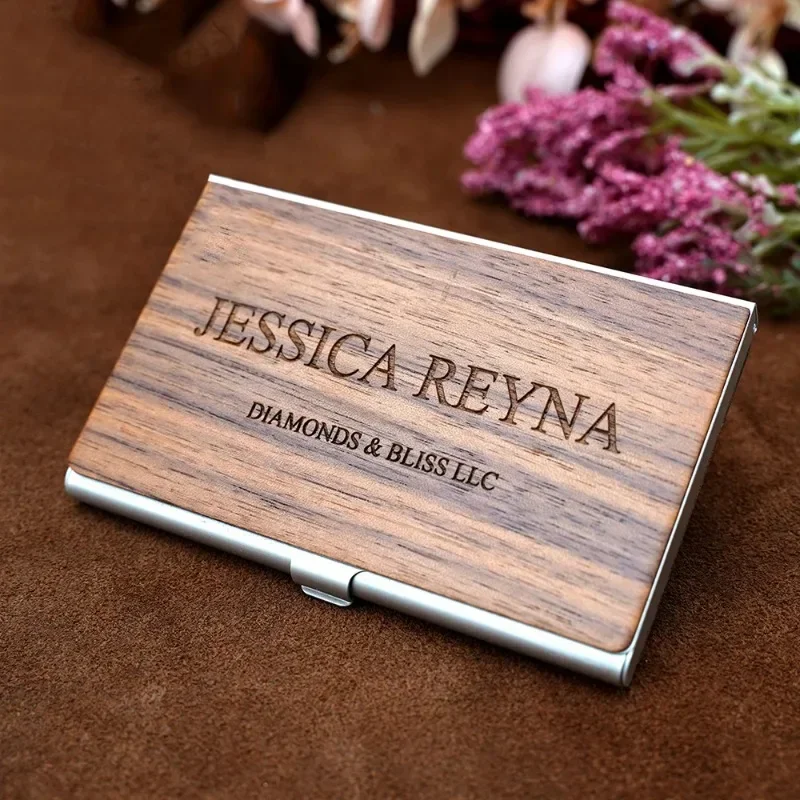 Free Customized Engraving Wood Business Card Holder Pocket Black Walnut Solid Wooden Clip Personalized Cardcase Activities Gifts