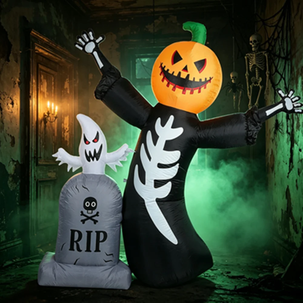 8 FT/2.4M Halloween Inflatable Skull Pumpkin Man with LED Lights Outdoor Garden Lawn Holiday Party Decoration Props Gravestone view 4