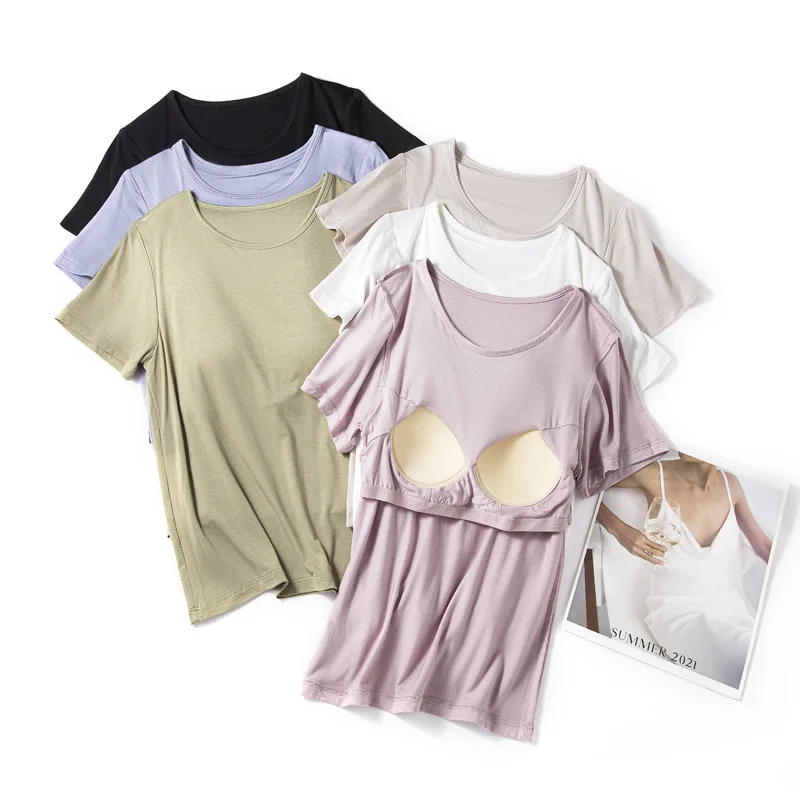 

Женская футболка-пуловер из модала с охлаждающим эффектом, свободного кроя, большого размера, с коротким рукавом и встроенными чашечками, для ношения поверх одежды