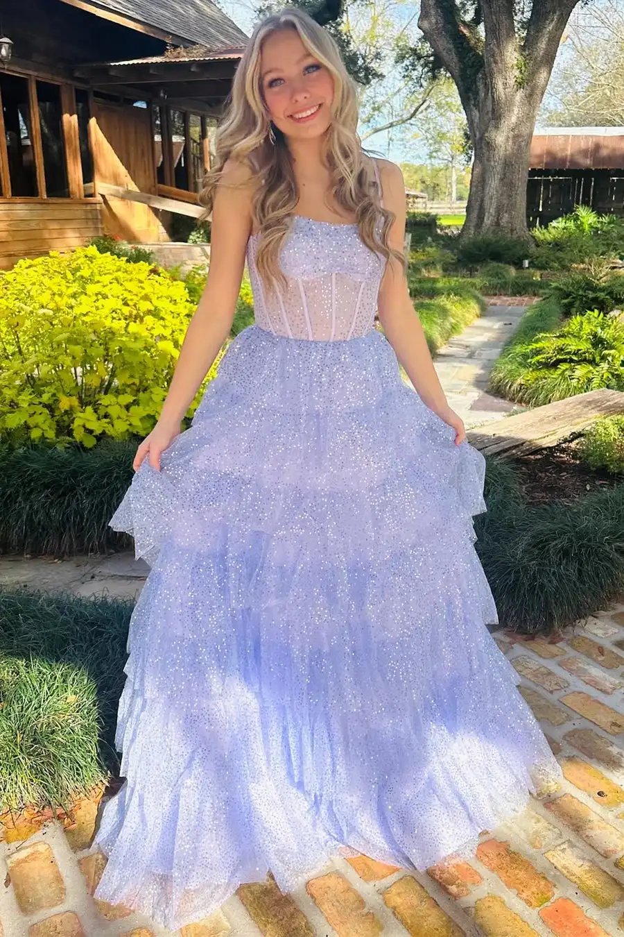 Glitter Tulle Sequin Ruffle Tiered Long Prom Dress Lavender Ball Gown Spaghetti Straps Wedding Dresses Floor Length Evening Gown