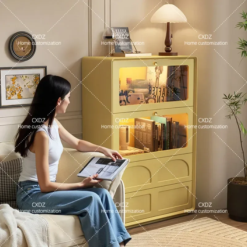 Modern Solid Wood Edge Cabinet with Glass Flap Door Simple Cream Style Living Room Storage Locker for Home Organization