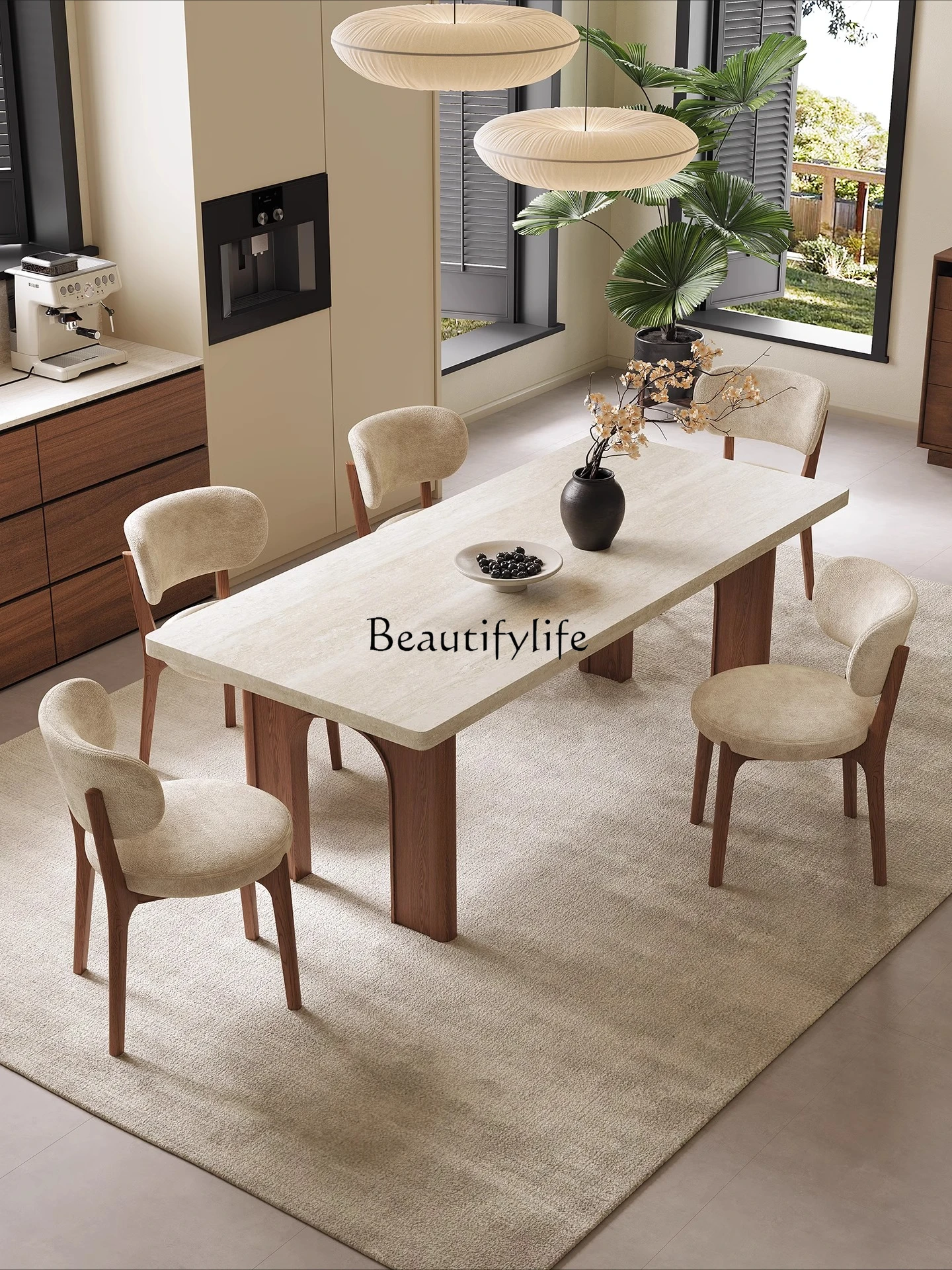 French travertine rock slab dining table Modern simple medium and ancient rectangular dining table