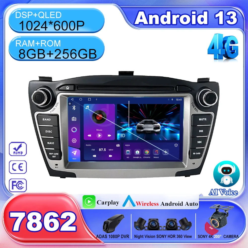 Wireless Carplay For Hyundai Tucson 2 LM IX35 2009-2015 7 Inch 8+256 Car Android 13 Auto Radio Multimedia Player GPS Navigation