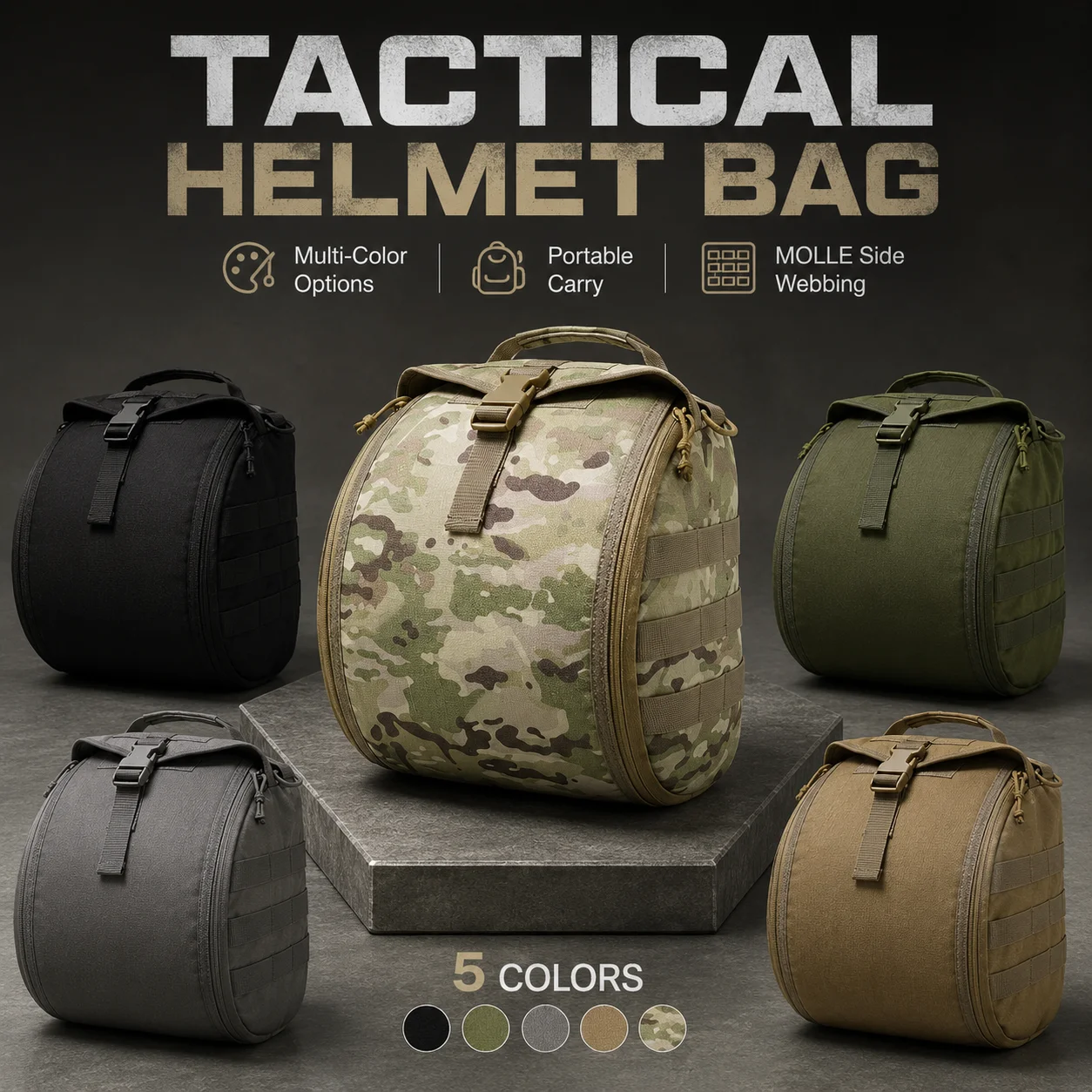 1000D Nylon Helmet Carry Bag with MOLLE Webbing Zippered Storage Case Portable Handle for Tactical Training Outdoor Travel Gear