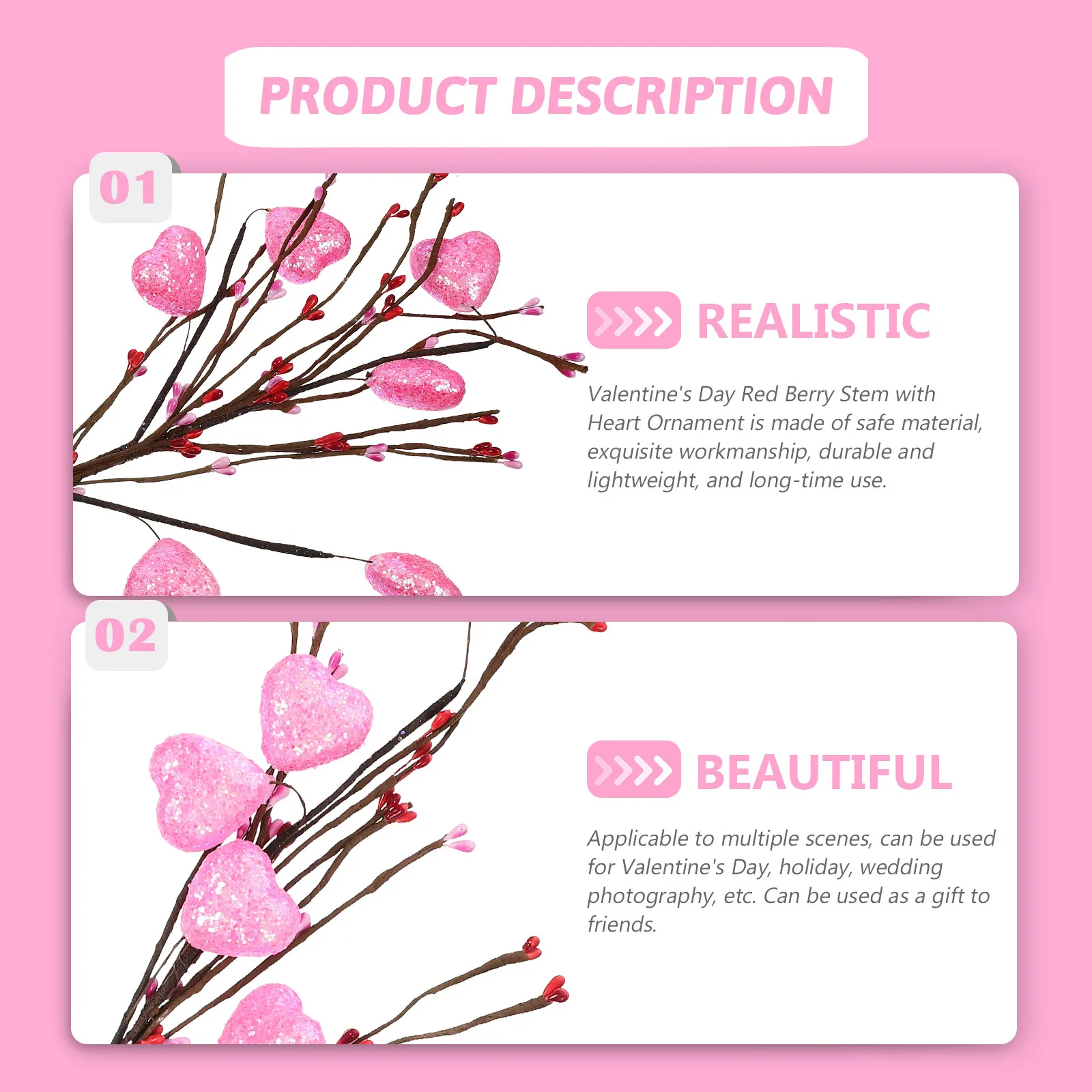 

2Pcs Valentine's Day Heart Stem Artificial Berry Stems Exquisite Vase Filler Ornaments Decoration Party Flower Arrangement