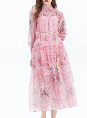 Vintage  Print Elegant  A-line lool Sleeve Bandage loose Turn-down Collar Dress Casual Women  Fashion summer Spring dresses