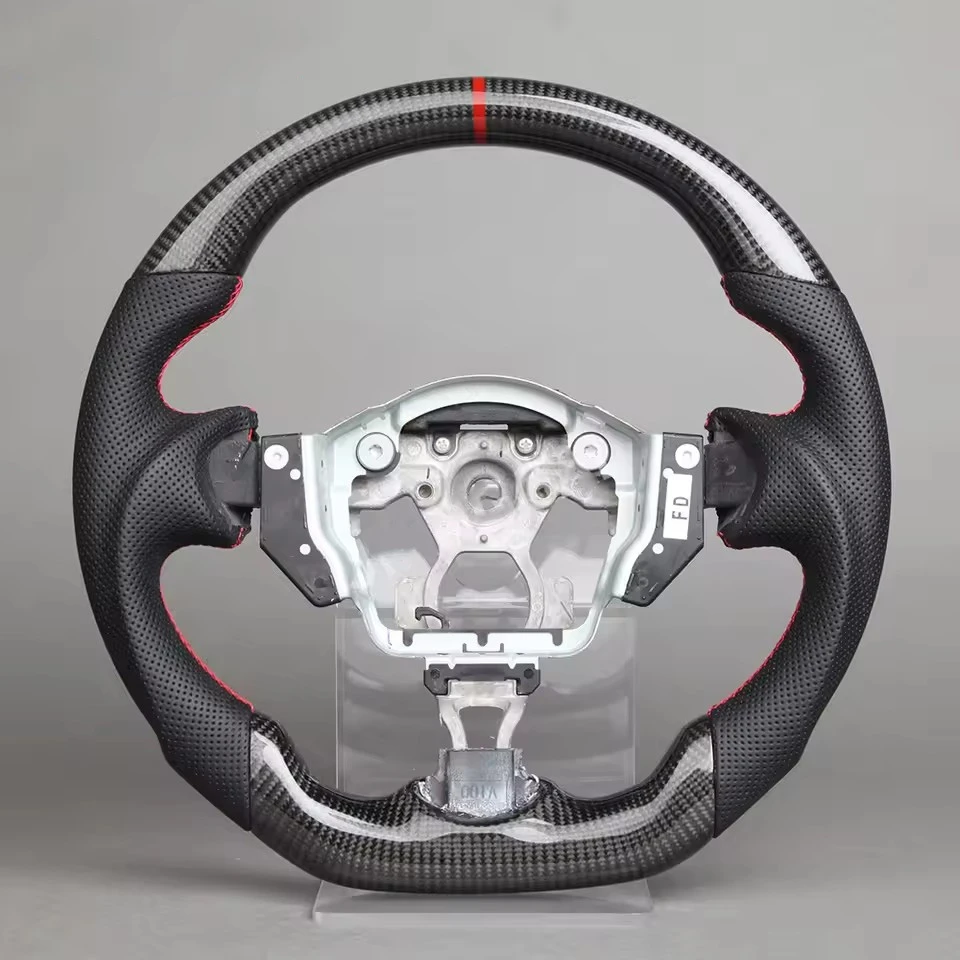عجلة قيادة جلدية من ألياف الكربون لنيسان سنترا 370Z 2008-2020 عجلة سباق جلدية عجلة توجيه سيارة خياطة حمراء AA