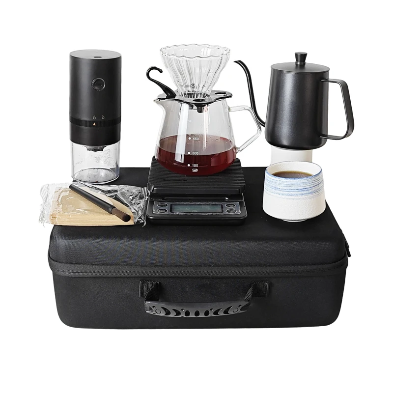 

Barista Grade Coffee Brewing Set Camping Hand Brewing Coffee Set with Handbag, Electric Grinder Travel Tea Coffee Set